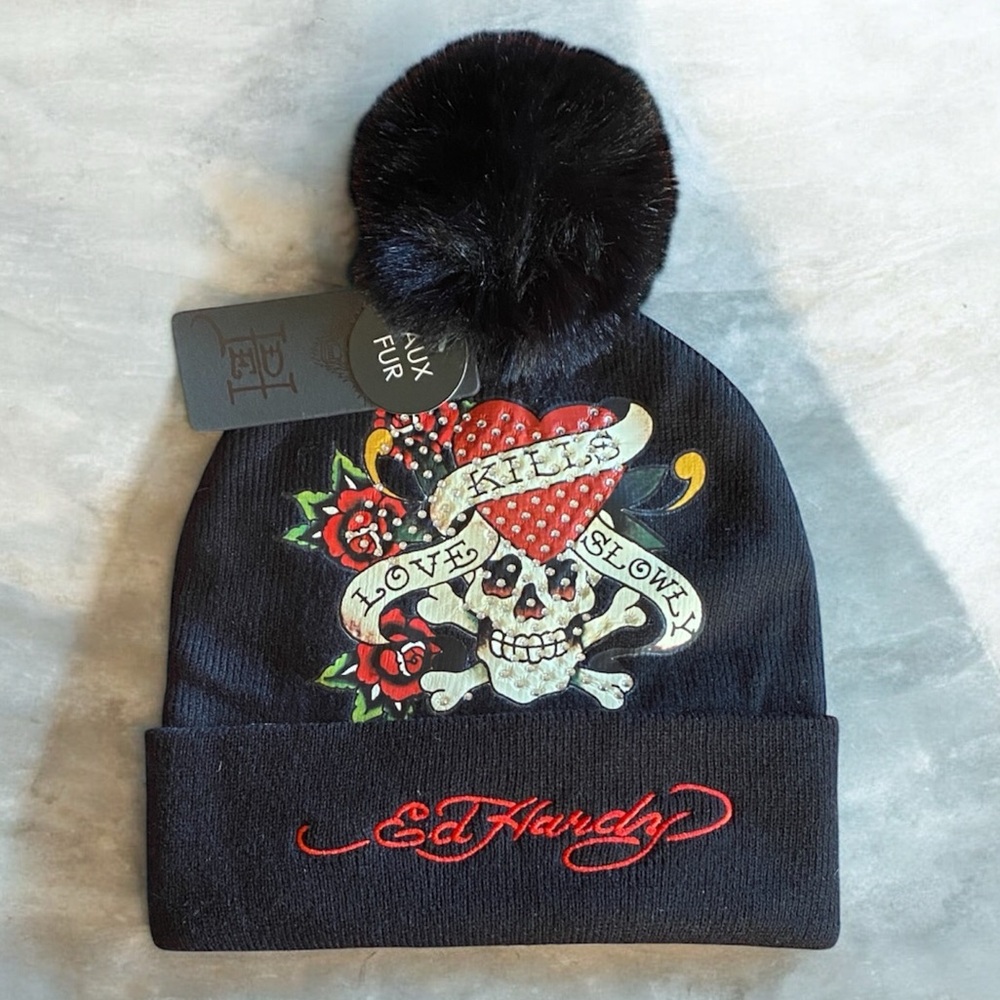 🆕 Ed Hardy Beanie Y2K Black Cuff Cap Hat Brand New faux fur pom